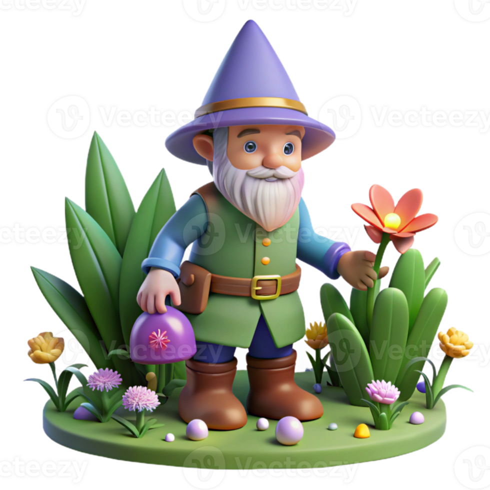 impressive modern A whimsical gnome with a pointed hat and oversized boots, tending a magical garden filled with glowing flowers. Warm lighting, storybook illustration style high quality png