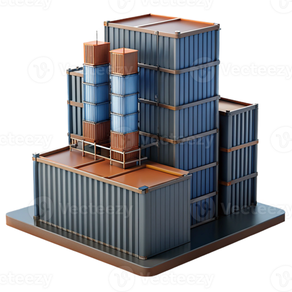 wonderful rustic Conceptual skyscraper made of interconnected shipping containers, industrial aesthetic, urban setting, overcast daylight detailed png