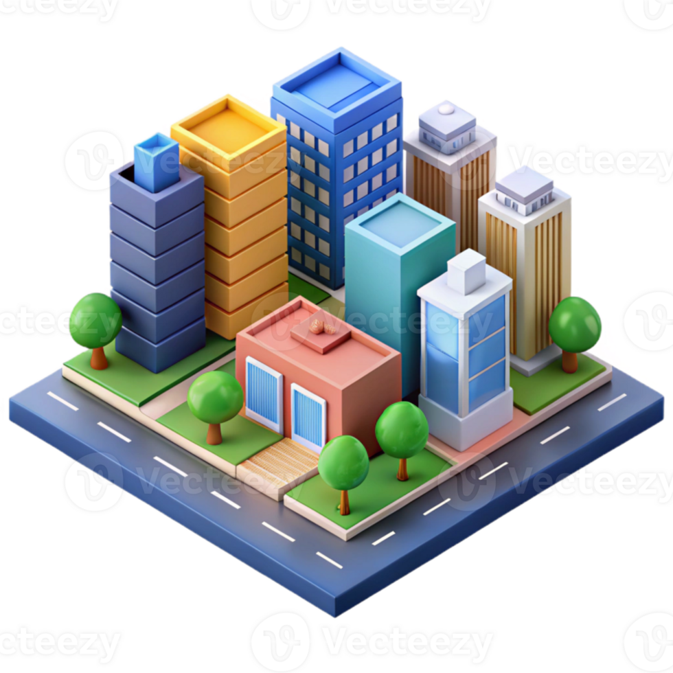magnificent traditional Isometric city block, colorful buildings, detailed streets, vibrant urban scene, pixel art style professional png