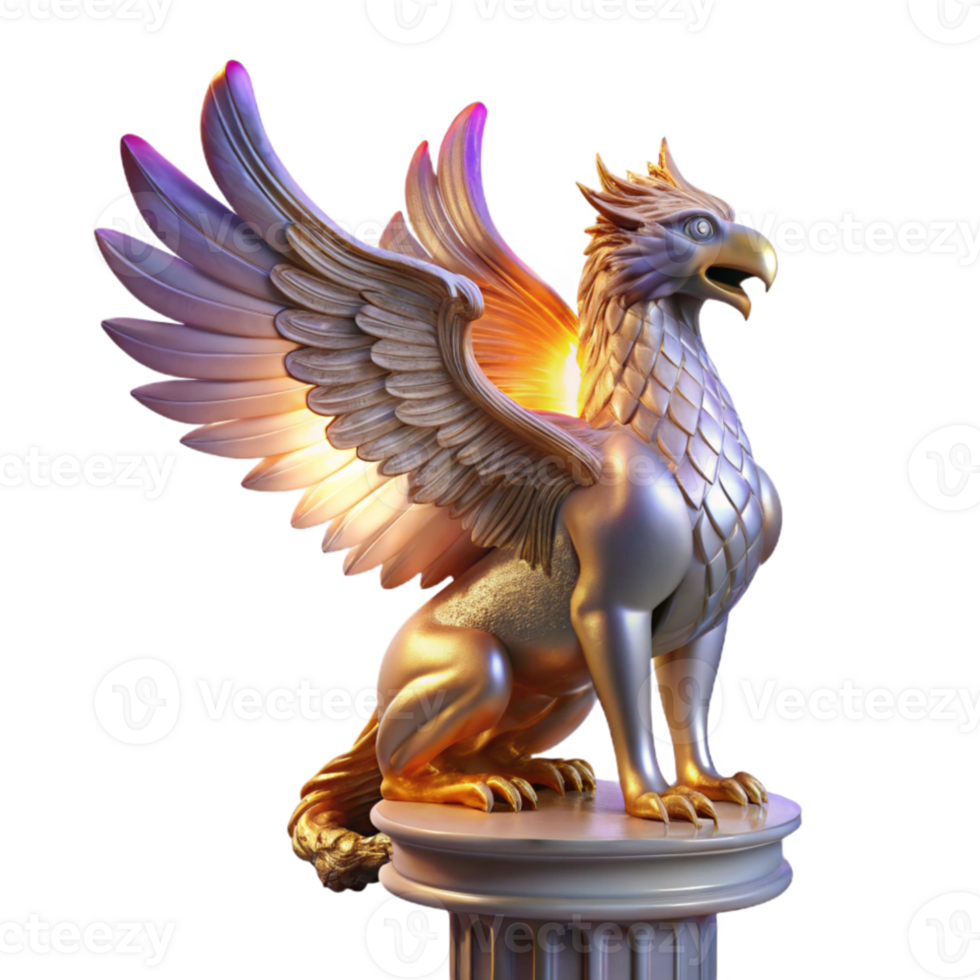elegant minimalist A majestic griffin with iridescent feathers, perched atop a crumbling marble pillar, lit by a single ray of golden light, in a hyperrealistic style genuine png
