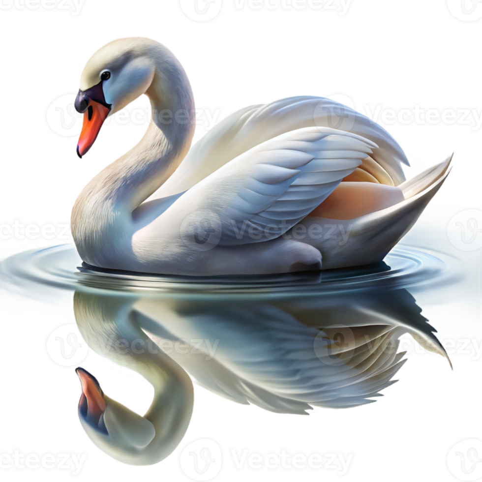 serene artistic A graceful swan gliding across a still lake, reflecting the surrounding foliage, soft diffused light, watercolor painting style original png