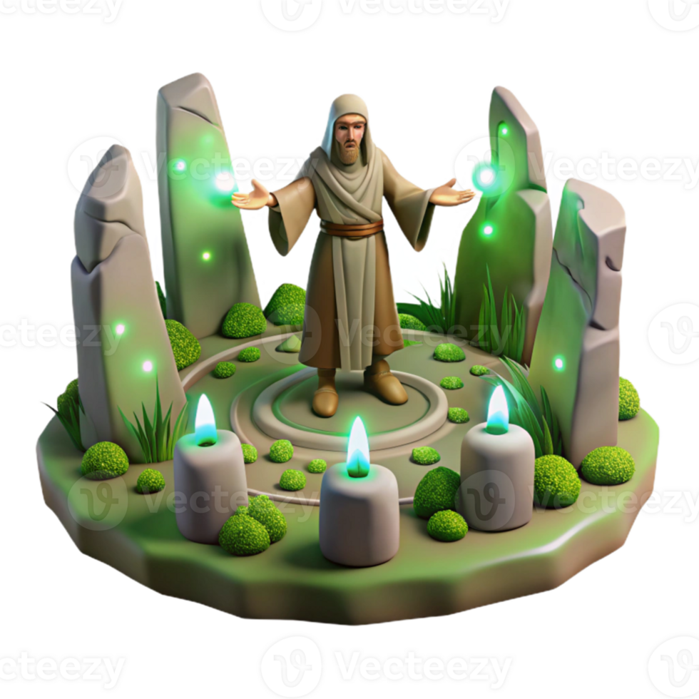 vibrant creative A wise druid performing a ritual in a stone circle, surrounded by glowing runes. Mystical atmosphere, soft lighting. Celtic style high quality png