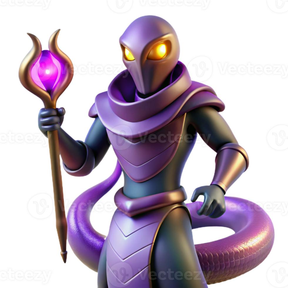 impressive traditional A mysterious, serpentine superhero with shimmering scales, glowing amethyst eyes, coiled around a staff, dimly lit, art deco style authentic png