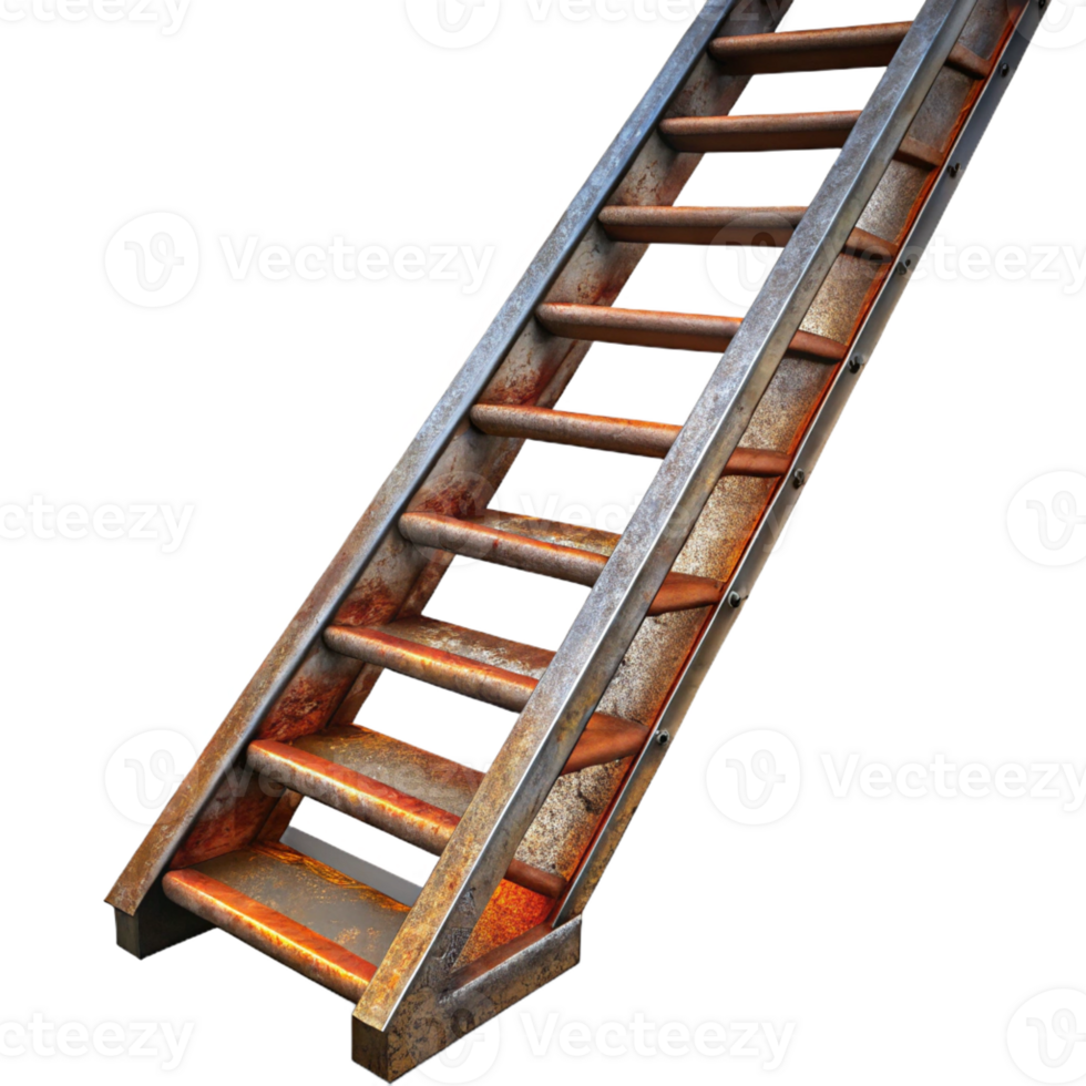 beautiful creative A close-up of a rusty fire escape ladder, with intricate metalwork and peeling paint. Industrial style, natural lighting professional png