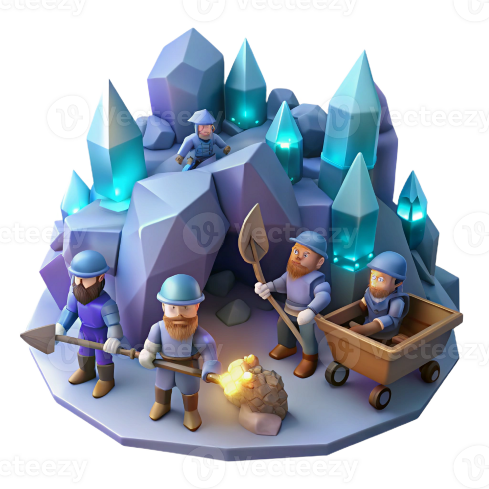 stunning artistic A group of dwarves mining for gems in a deep, cavernous mine, illuminated by glowing crystals. Cool, crystalline lighting. Realism style authentic png