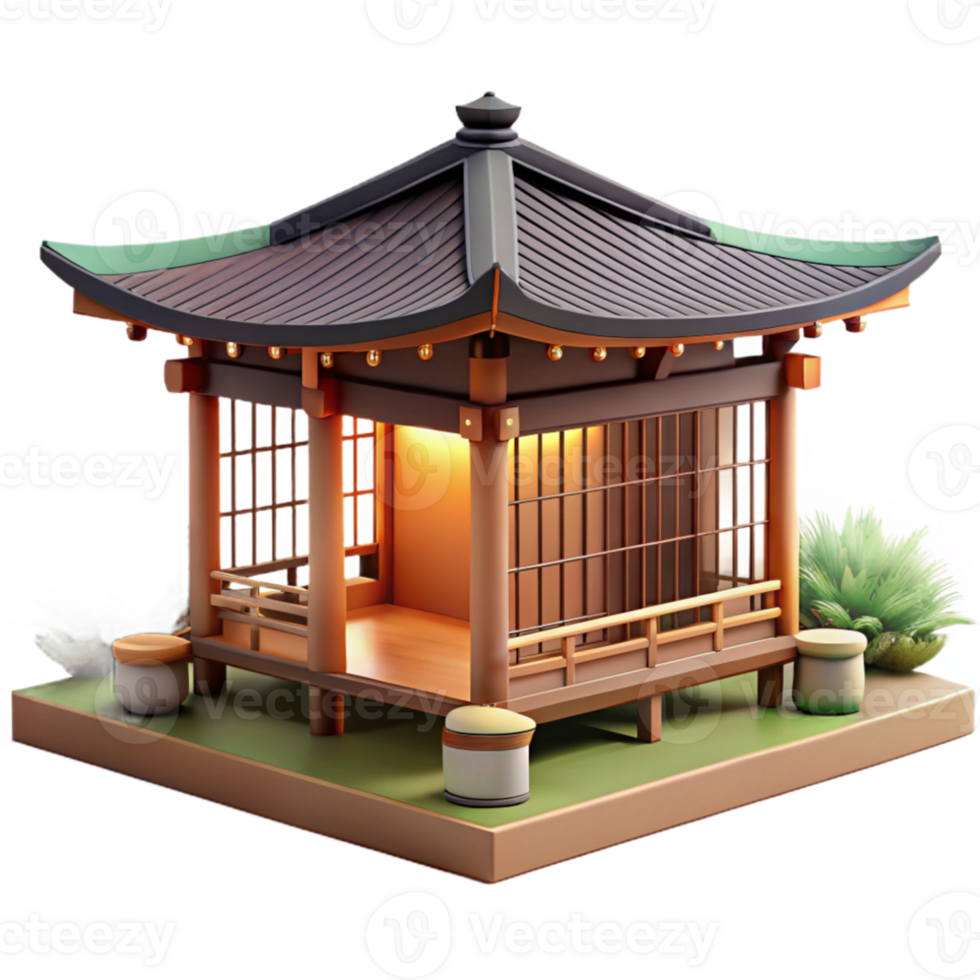 stunning creative Japanese teahouse, traditional wooden construction, serene garden setting, soft diffused daylight, minimalist photography style high resolution png