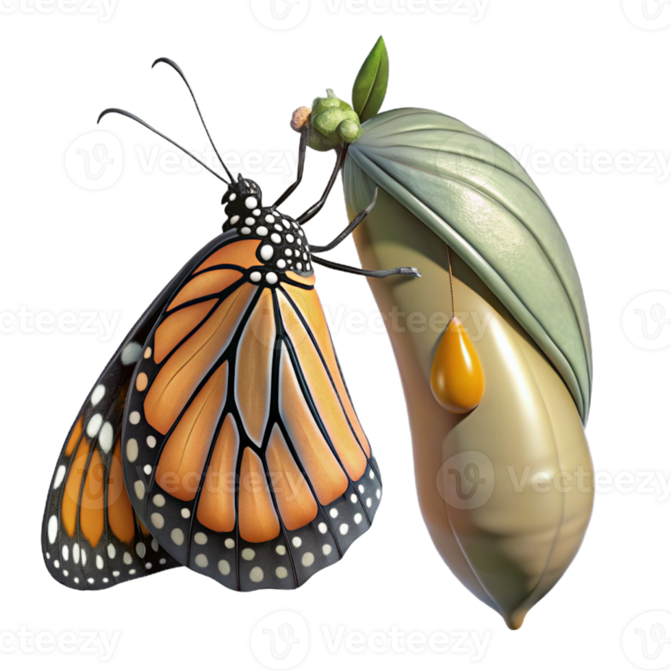 impressive contemporary A monarch butterfly emerging from its chrysalis, wings still wet, macro photography, soft, natural lighting premium png
