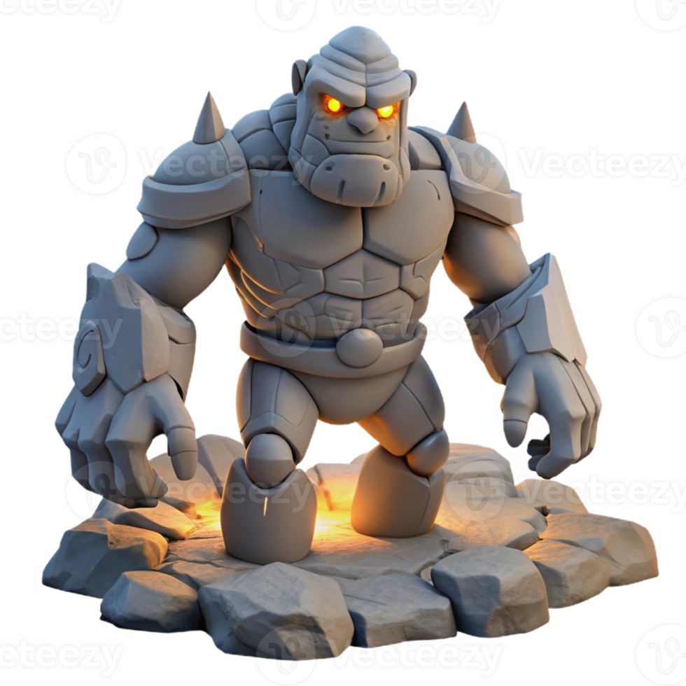 impressive abstract A stoic golem crafted from clay and stone, lumbering through a desolate landscape, lit by a dim, overcast sky, in a dark fantasy art style 4K png