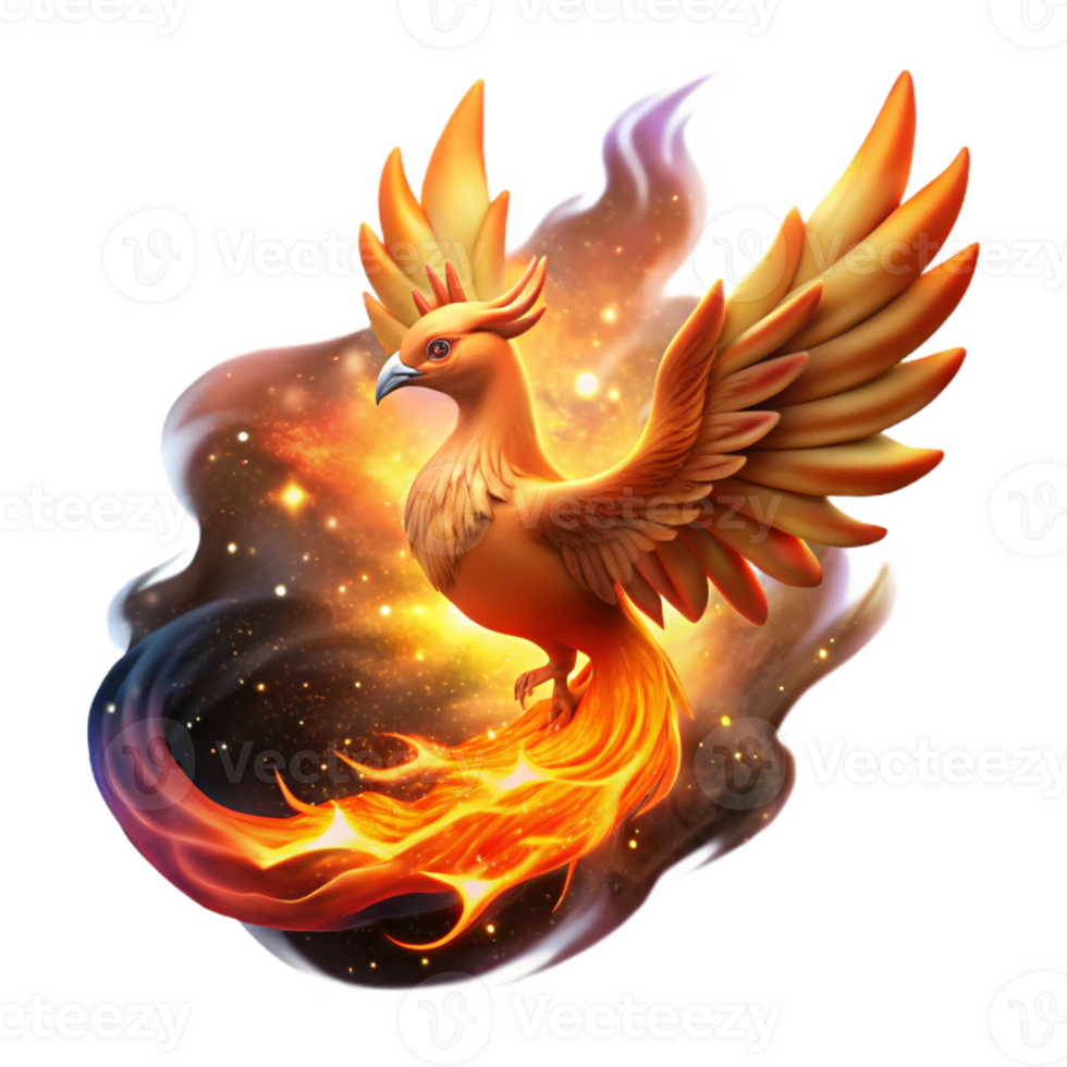 wonderful modern A solitary phoenix, engulfed in flames, rising from its ashes against a backdrop of swirling nebulae. Cosmic lighting. Space opera style original png