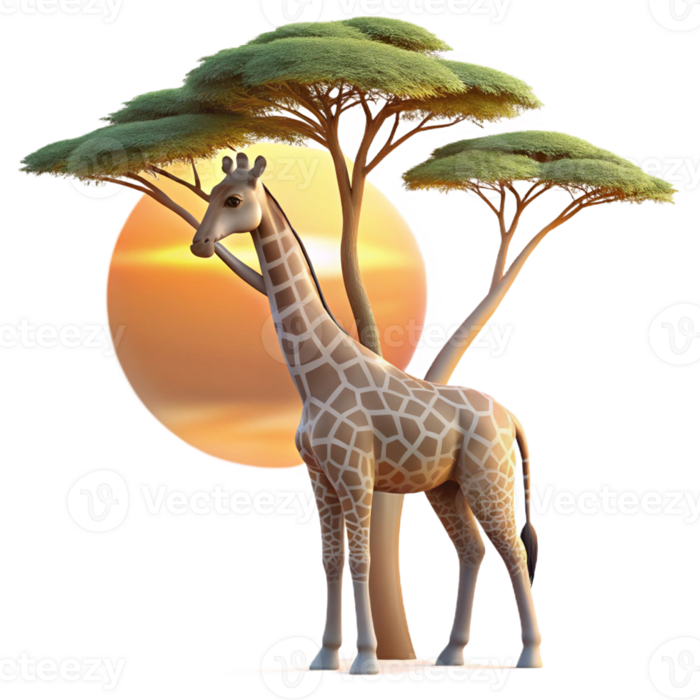 vibrant contemporary A graceful giraffe reaching for leaves on a tall acacia tree, its long neck silhouetted against the setting sun, in a serene, peaceful style premium png