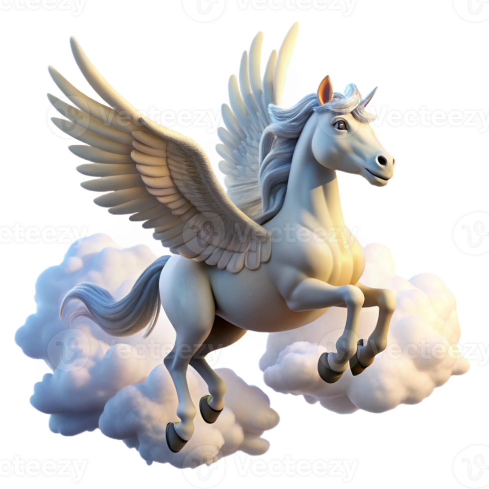 wonderful contemporary A winged Pegasus soaring through the clouds, sunlight glinting off its white coat. Dynamic pose, realistic rendering authentic png
