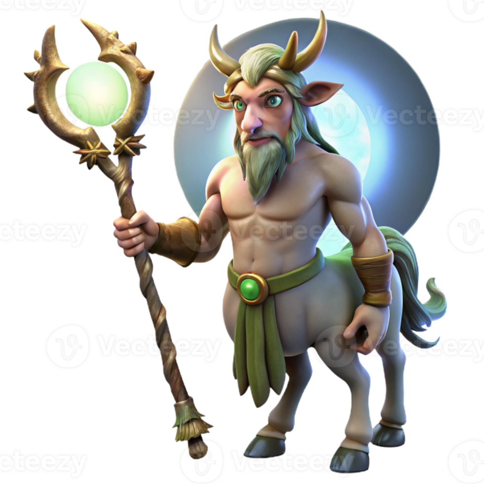 magnificent classic A wise old centaur with intricate tribal tattoos, holding a staff of twisted wood, lit by the ethereal glow of a full moon. Detailed, realistic style authentic png