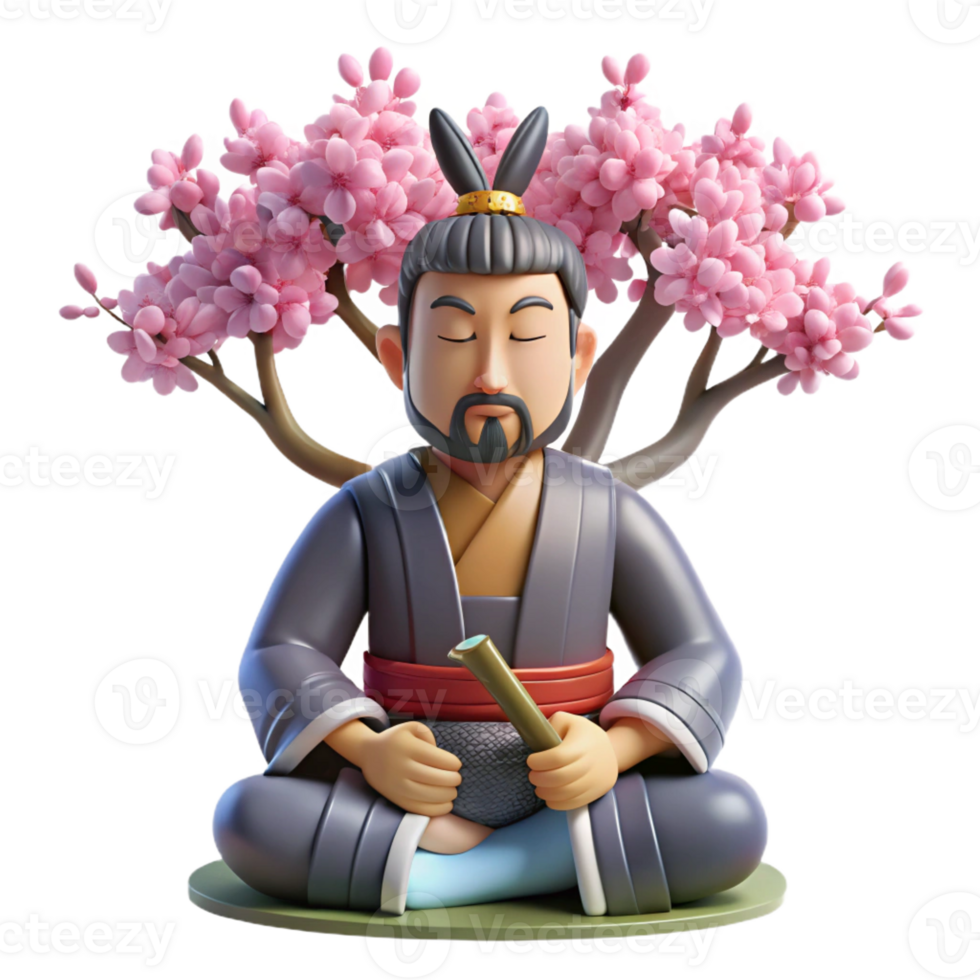 vibrant traditional A samurai warrior meditates beneath a cherry blossom tree, soft, diffused lighting, ukiyo-e woodblock print style premium png