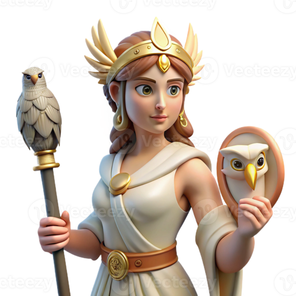 dramatic creative A wise Athena with an owl perched on her shoulder, strategizing a battle, classical style, thoughtful lighting high quality png