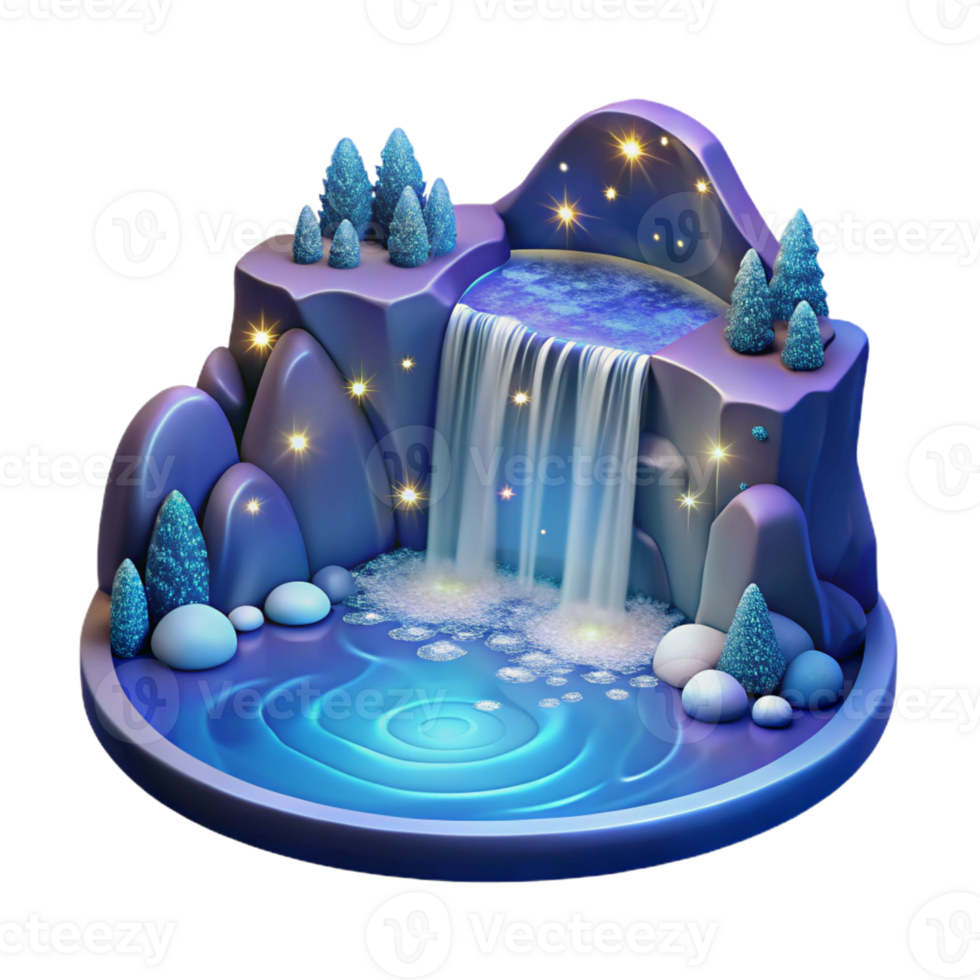 vibrant classic A cascading waterfall of liquid starlight flowing into a crystal-clear pool, reflecting a constellation of twinkling stars, under a twilight sky. Surrealism style premium png