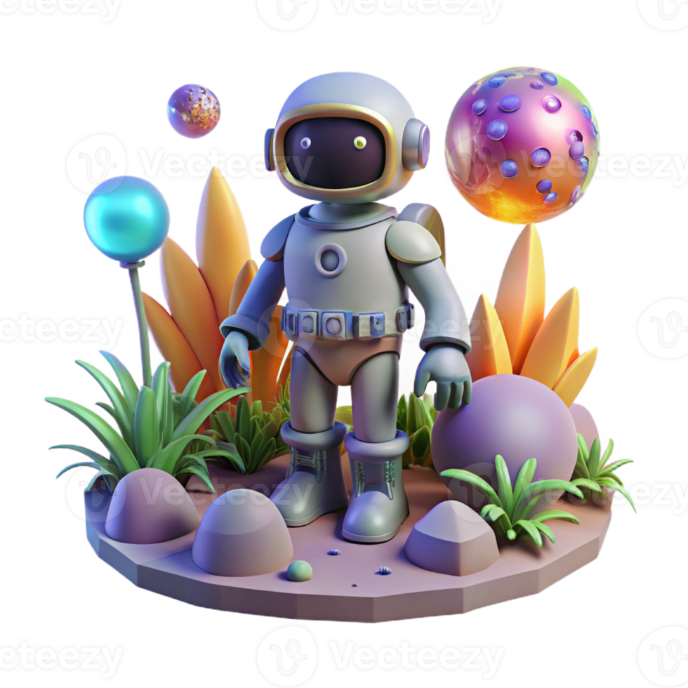 magnificent contemporary A robot explorer on a distant planet, surrounded by alien flora, lit by the twin suns of the alien world in a science fiction illustration style premium png