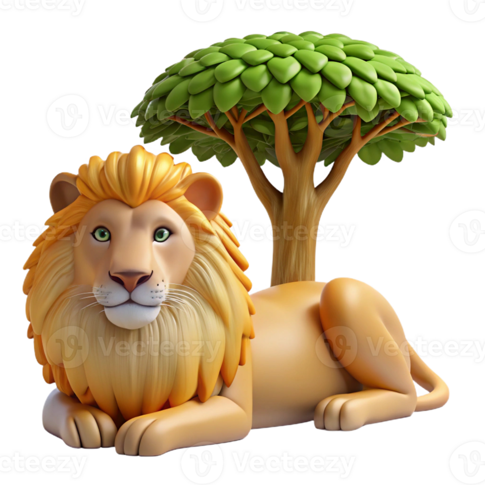 stunning creative A regal lion resting in the shade of an acacia tree, depicted in a realistic style with warm, golden light and intricate fur detail high quality png