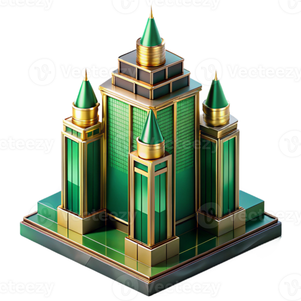 extraordinary abstract Art Deco skyscraper, emerald green and gold accents, sunset lighting, highly polished surfaces, intricate geometric patterns, isometric view original png