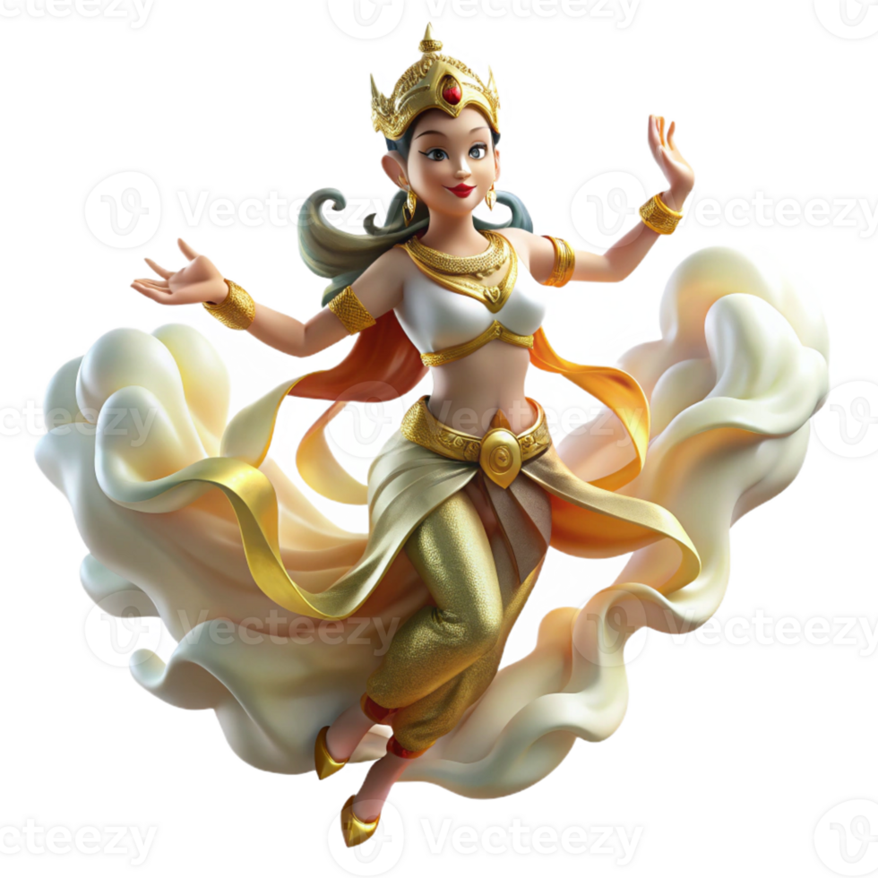 elegant creative A graceful Apsara dancing in the clouds, adorned with flowing silks, soft golden light. Southeast Asian mythology style high resolution png