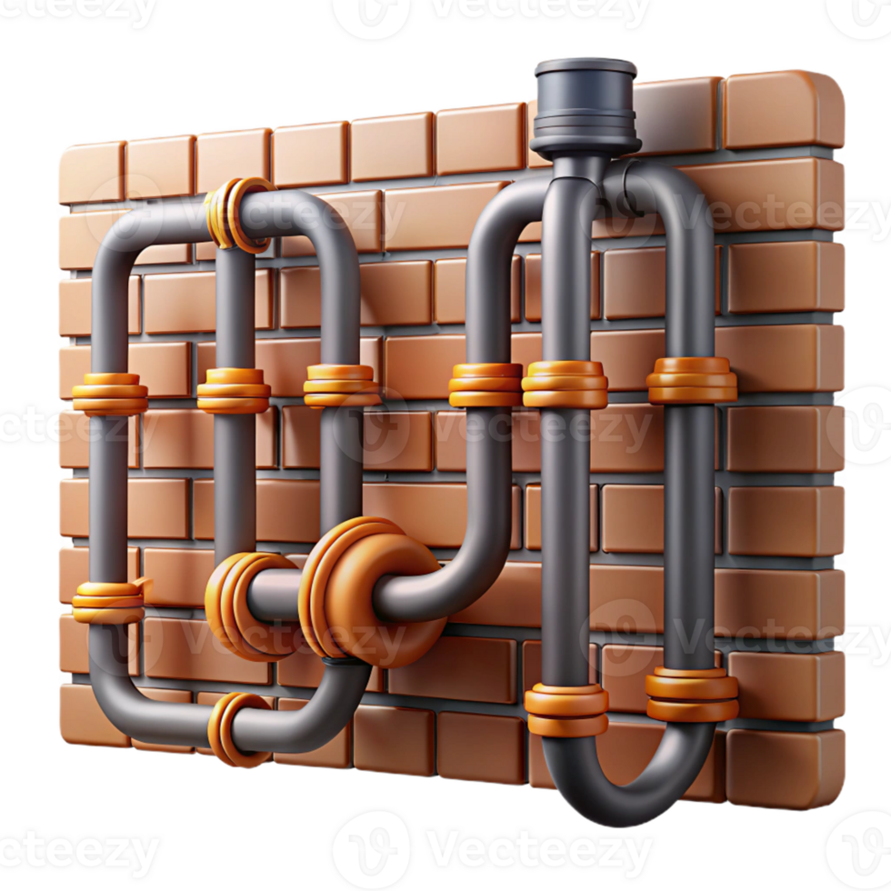 magnificent minimalist A complex network of pipes and wires crisscrossing a brick wall. Industrial style, natural lighting authentic png