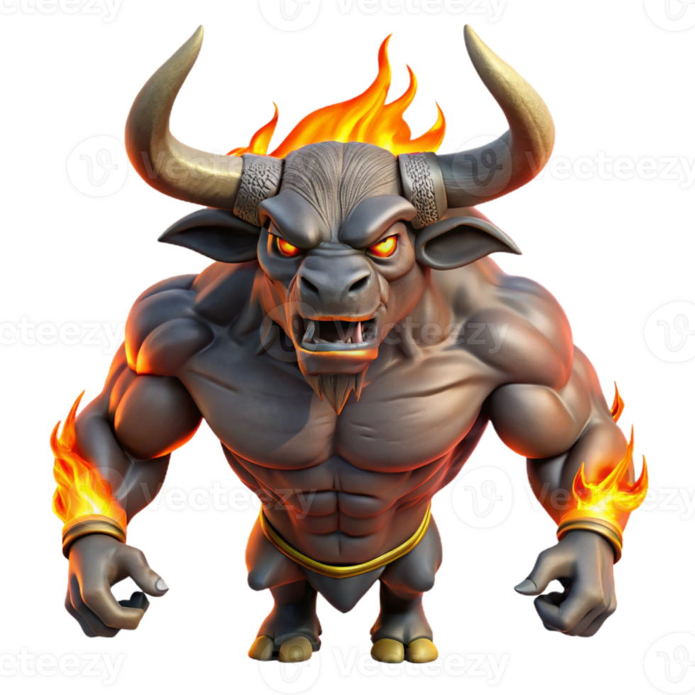 extraordinary abstract A powerful Minotaur, with intricate labyrinthine patterns carved into its horns, raging in a fiery forge, dramatic chiaroscuro lighting, baroque painting style exclusive png
