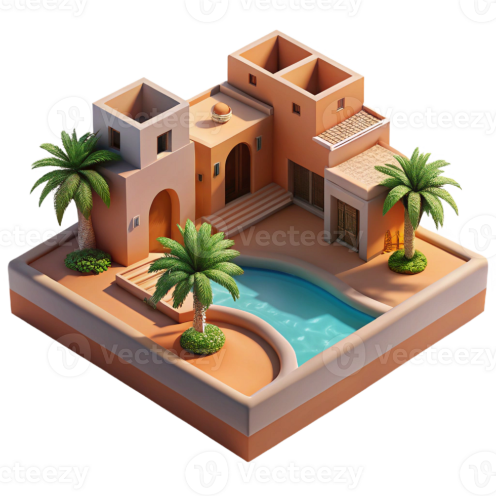 beautiful classic Desert oasis resort, low-slung adobe buildings, shimmering pool reflecting palm trees, intense desert sunlight, travel photography style original png