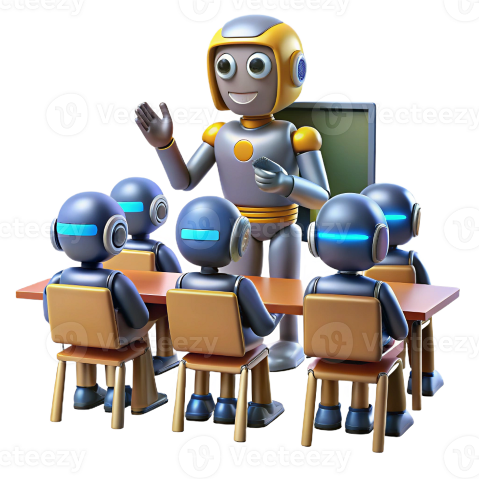 stunning minimalist A robot teacher instructing a class of robot students, lit by bright classroom lights in a cartoon style high resolution png