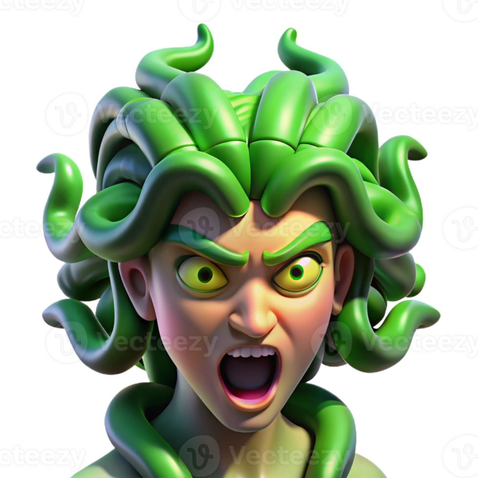 wonderful minimalist A fearsome gorgon with snakes for hair, eyes glowing with malevolent green light. Surrealism style detailed png