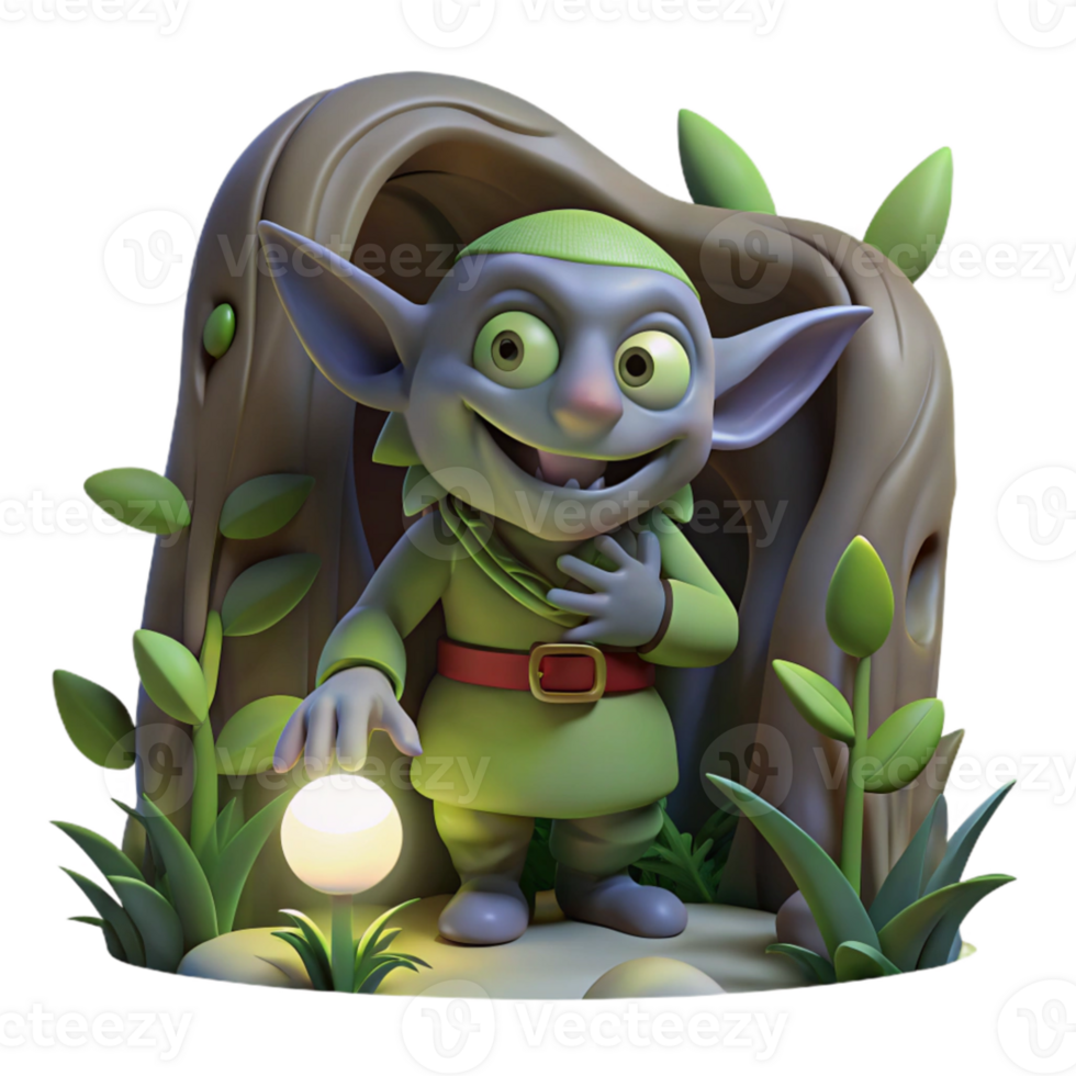 stunning traditional A mischievous goblin hiding in a dark forest, illuminated by a single ray of moonlight, in a whimsical fairytale style exclusive png