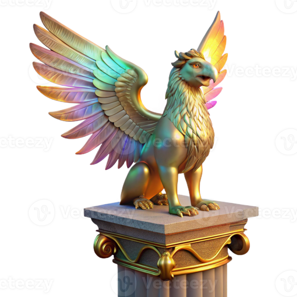 magnificent classic A majestic griffin with iridescent feathers, perched atop a crumbling marble pillar, lit by a single ray of golden light, in a hyperrealistic style genuine png