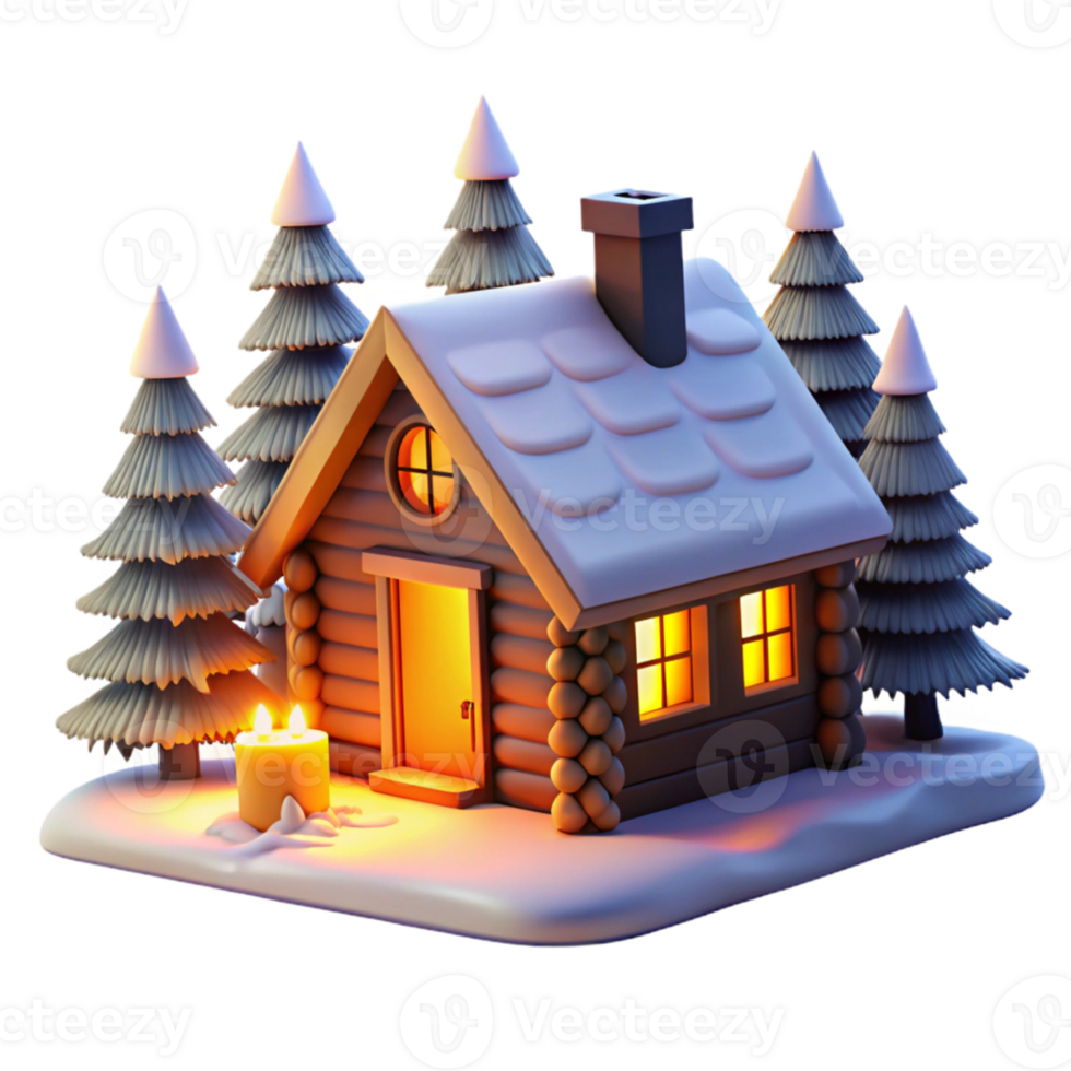 beautiful creative A cozy log cabin in a snowy forest, warm firelight glowing through the windows, winter landscape, realistic style exclusive png