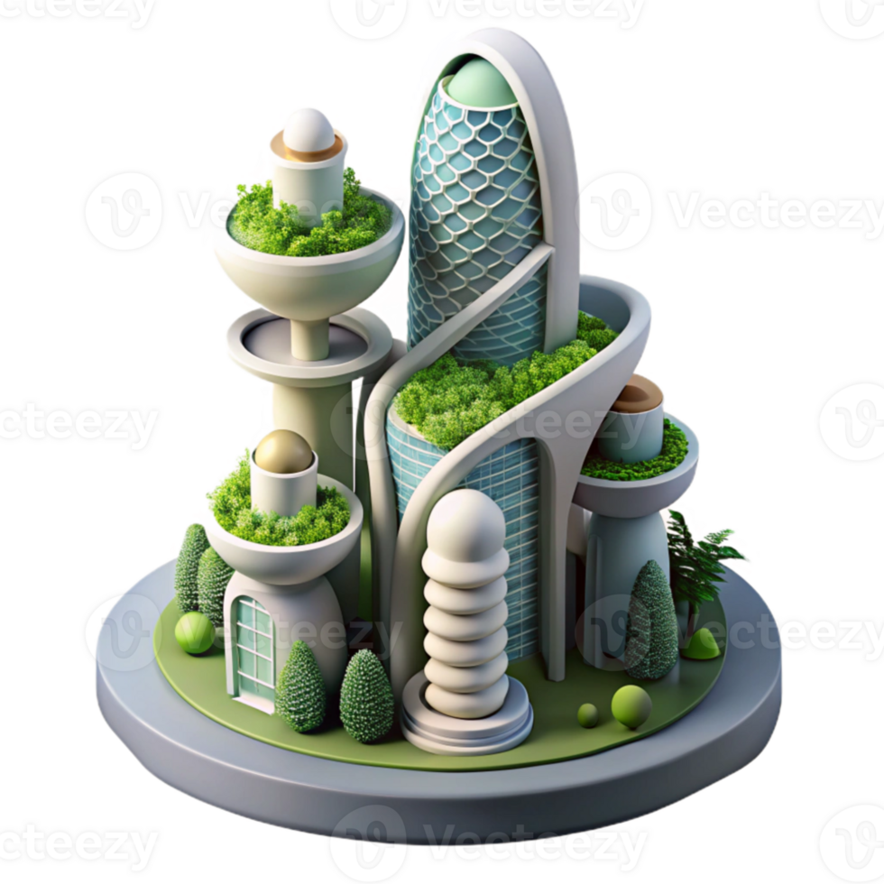 dramatic abstract Bio-architecture tower, living walls, organic forms, sustainable design, futuristic city premium png