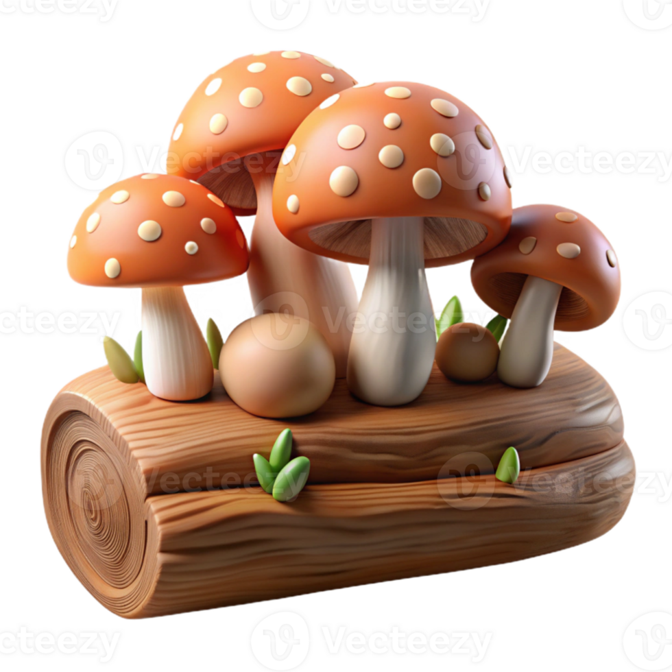 impressive rustic A group of mushrooms growing on a log, detailed textures, earthy tones, forest floor lighting high quality png
