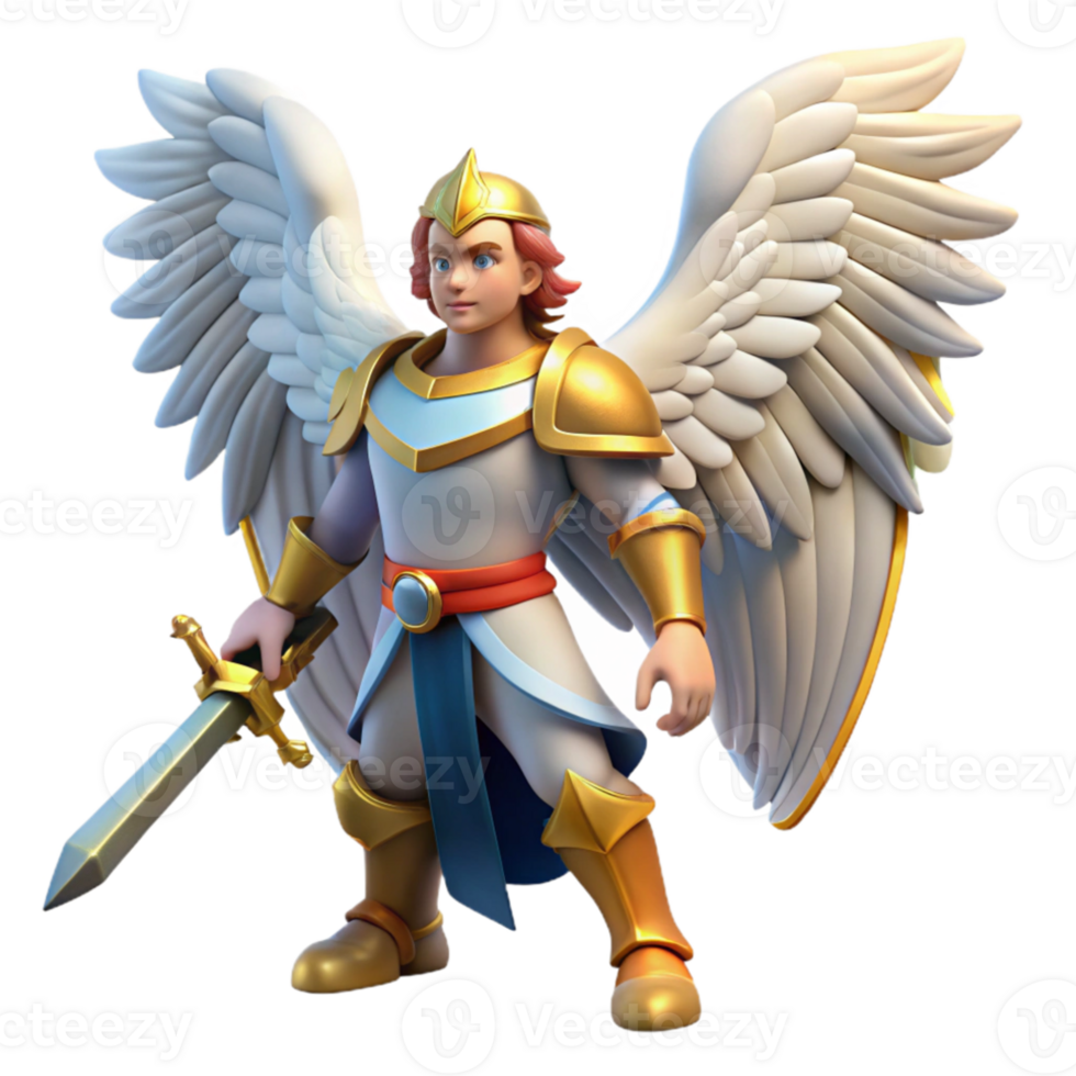 dramatic rustic A powerful archangel with feathered wings, wielding a celestial sword. Biblical art style high resolution png