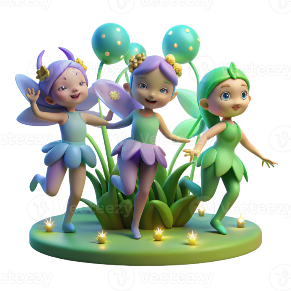 beautiful minimalist A group of playful pixies dancing in a moonlit meadow, bioluminescent flowers glowing softly. Whimsical style genuine png