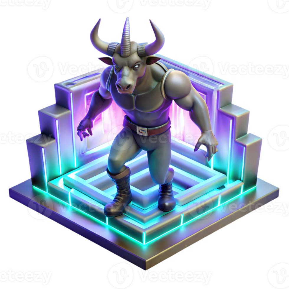 extraordinary contemporary A fearsome Minotaur, with the body of a man and the head of a bull, trapped within a labyrinth of glowing, crystalline walls. Neon lighting. Synthwave style premium png