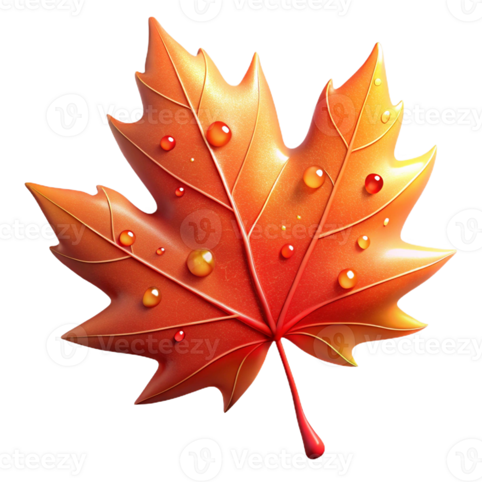 beautiful artistic A single, perfect red maple leaf, backlit by golden sunset light, hyperrealistic detail, veins visible, dew drops clinging to edges, 4K png