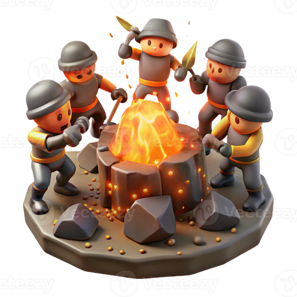 beautiful artistic A group of cyclopes forging weapons in a fiery volcano, sparks flying, intense orange light. Greek mythology style genuine png
