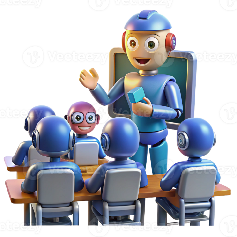serene creative A robot teacher instructing a class of robot students, lit by bright classroom lights in a cartoon style premium png