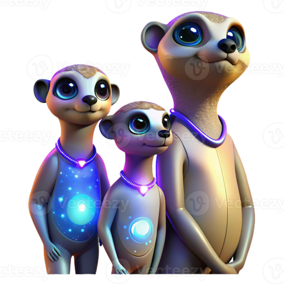 elegant creative A family of meerkats stargazing, celestial neon lighting, cyberpunk style premium png