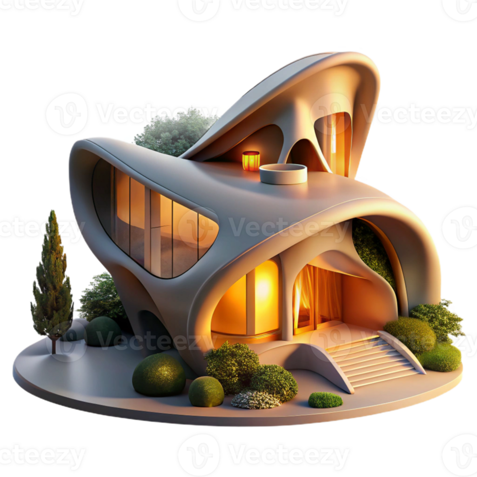 vibrant classic Organic architecture house, flowing lines, integrated with natural landscape, golden hour lighting, matte painting style detailed png