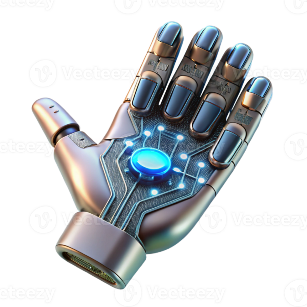 magnificent minimalist A robotic hand holding a glowing data chip, intricate details of its metallic surface visible, lit by a cool white light, cyberpunk style premium png