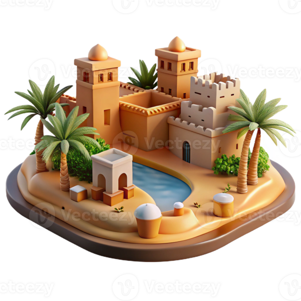 extraordinary traditional Desert oasis city, adobe buildings, palm trees, midday sun, warm colors, realistic render high quality png