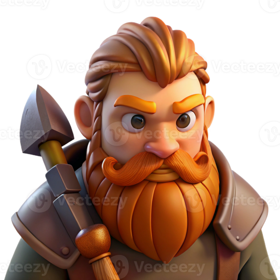 vibrant contemporary Portrait of a grumpy dwarf with a thick beard, a furrowed brow, and a sturdy axe. Warm, firelight lighting detailed png