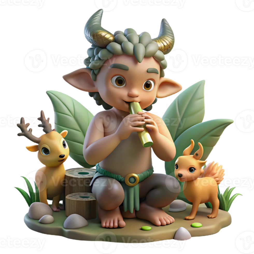 magnificent creative A mischievous satyr playing a pan flute in a sun-dappled forest glade, surrounded by playful woodland creatures. Warm, natural lighting. Baroque style detailed png