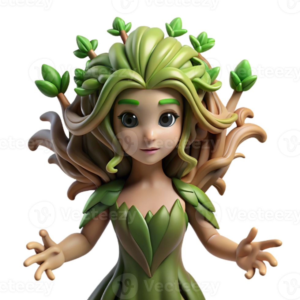 extraordinary modern A graceful dryad with bark-like skin and flowing leafy hair, emerging from an ancient oak tree. Soft lighting, Art Nouveau style professional png