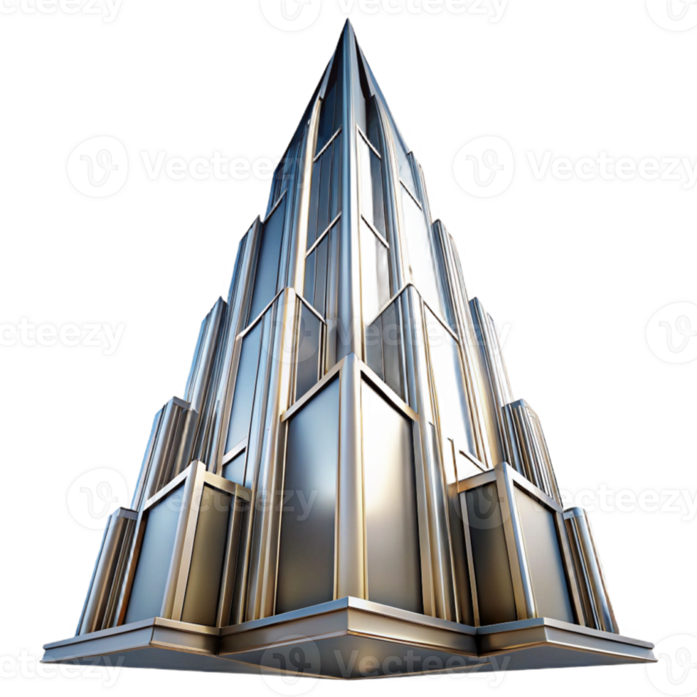 beautiful minimalist Art Deco skyscraper, chrome and glass, sharp angles, volumetric lighting, high contrast, stylized rendering genuine png