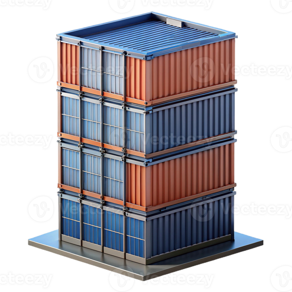 dramatic modern A towering skyscraper made of stacked shipping containers, industrial aesthetic, gritty realism original png