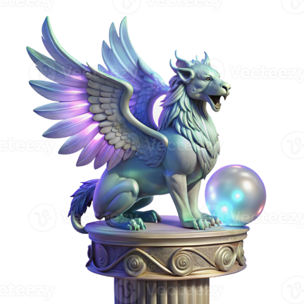 elegant creative A majestic griffin with iridescent feathers, perched atop a crumbling marble pillar, illuminated by a single beam of ethereal moonlight, Art Nouveau style professional png