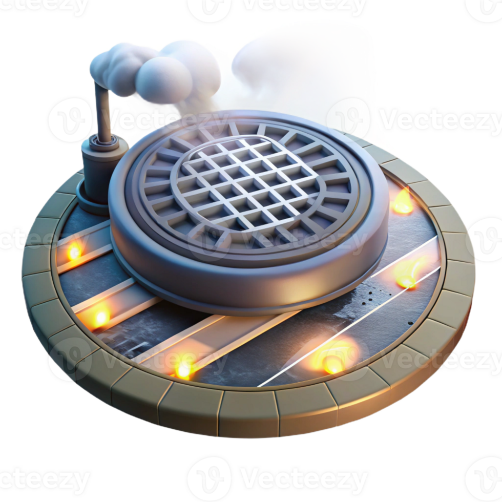 elegant contemporary A steamy manhole cover in the middle of a busy street, illuminated by the headlights of passing cars. Urban grit style, night lighting 4K png